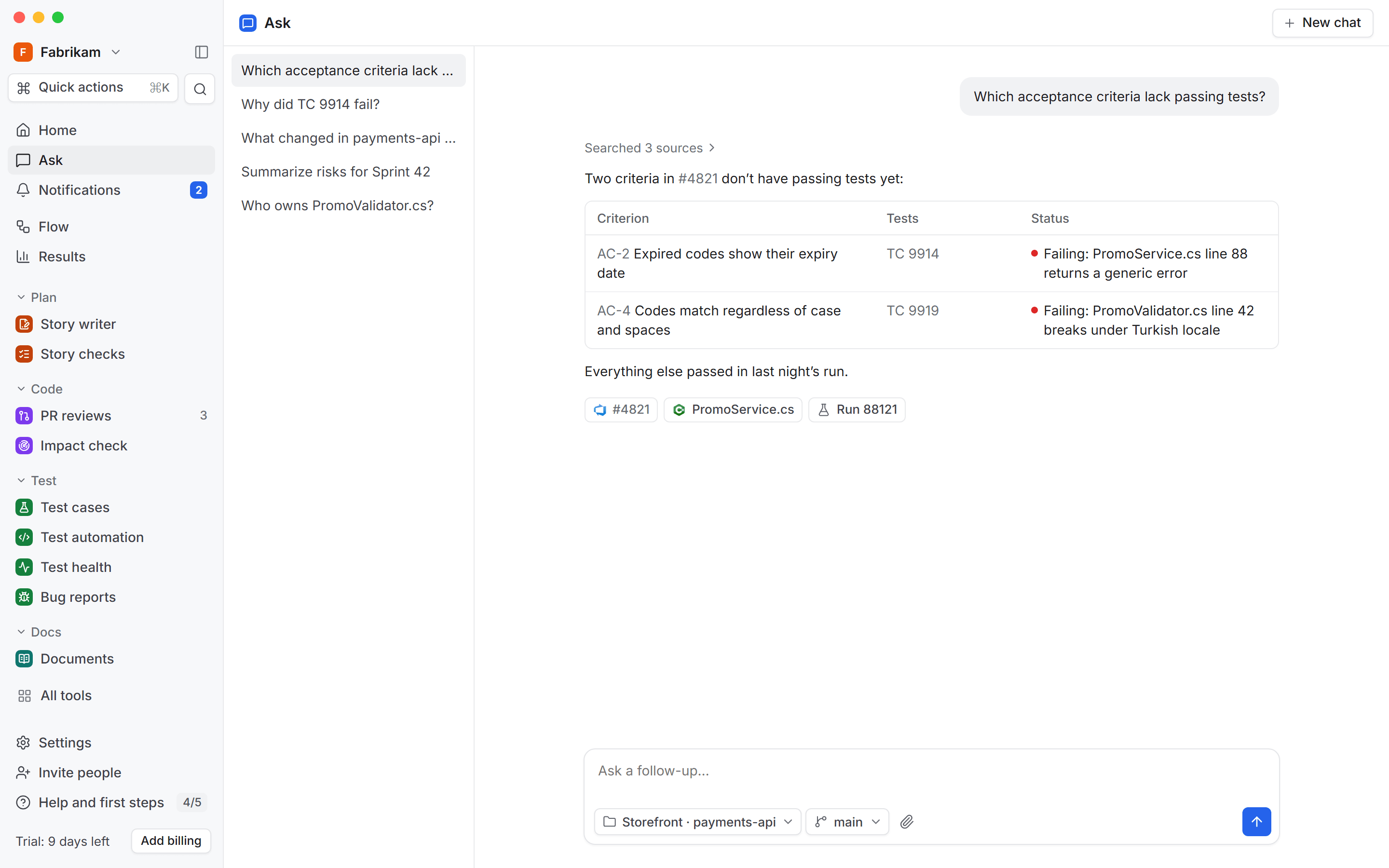 Ask answering a question about code and test runs, with sources