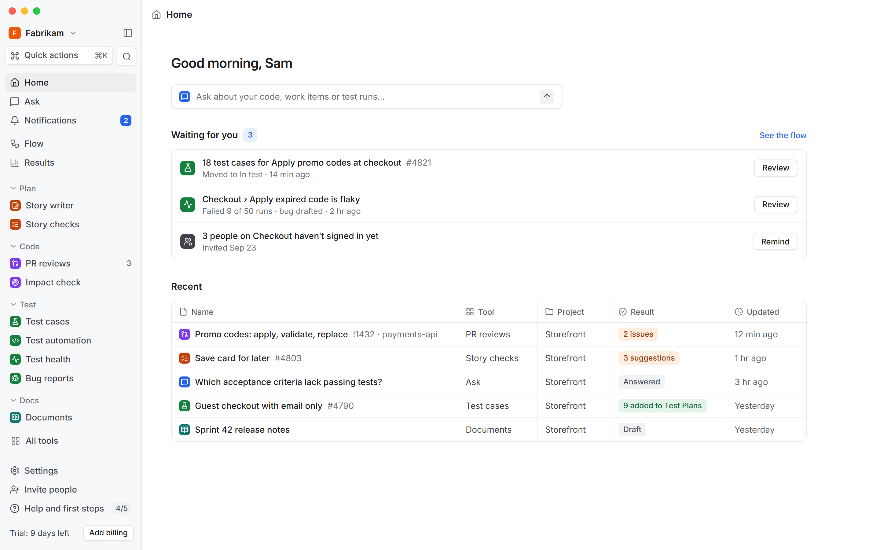 DevOps Studio's Home: test cases, a flaky test and invites waiting for review, and recent results from each tool